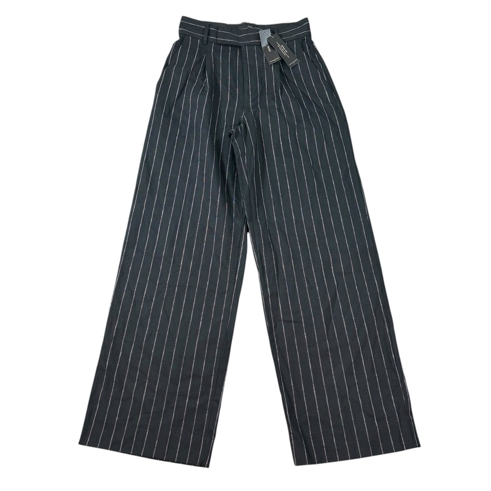 Banana Republic Womens Wide Leg Black Pinstripe Linen Cotton Pants Petite Size 4